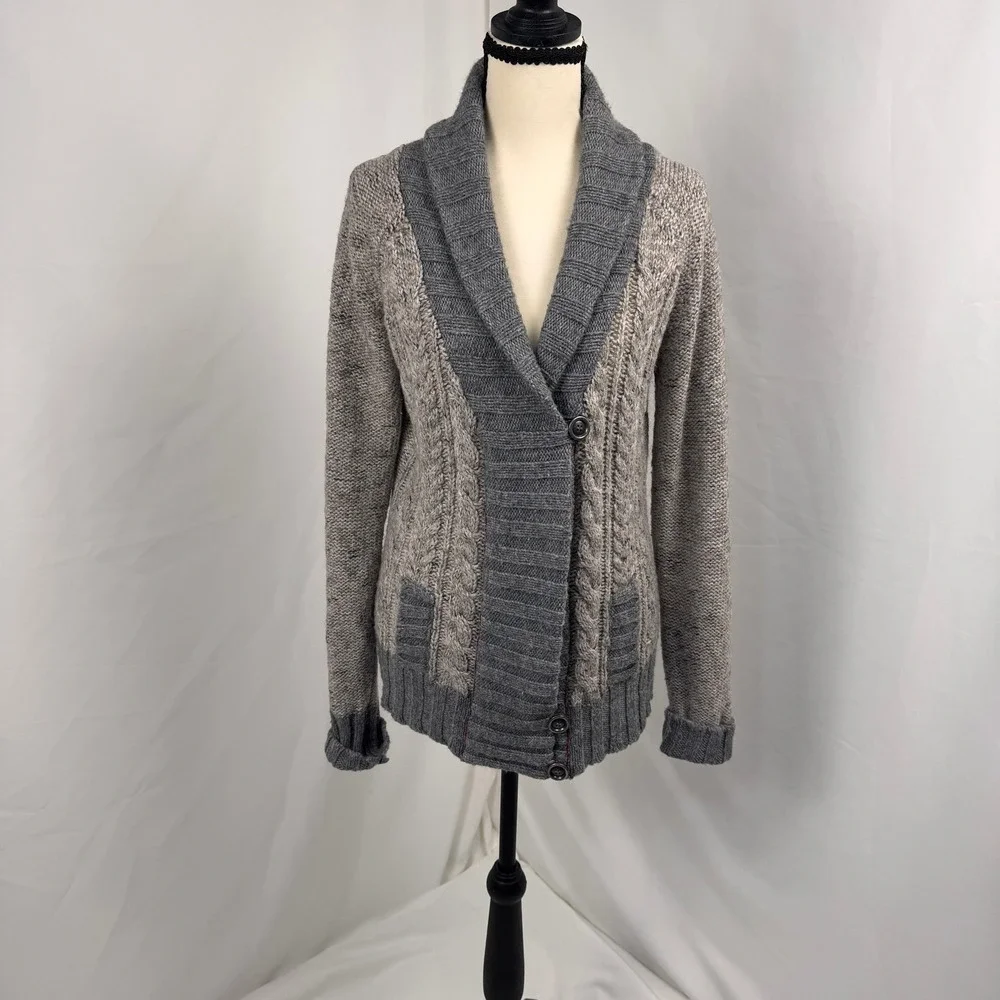 BKE Cardigan Sweater Women L Grey Wool Alpaca OtherBlend Shawl Collar Cable Knit
